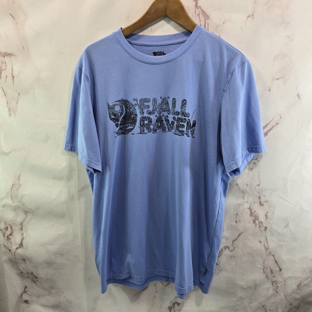 Fjallraven T Shirt Mens Large Blue Short Sleeve Crew Neck Cotton Logo Spellout